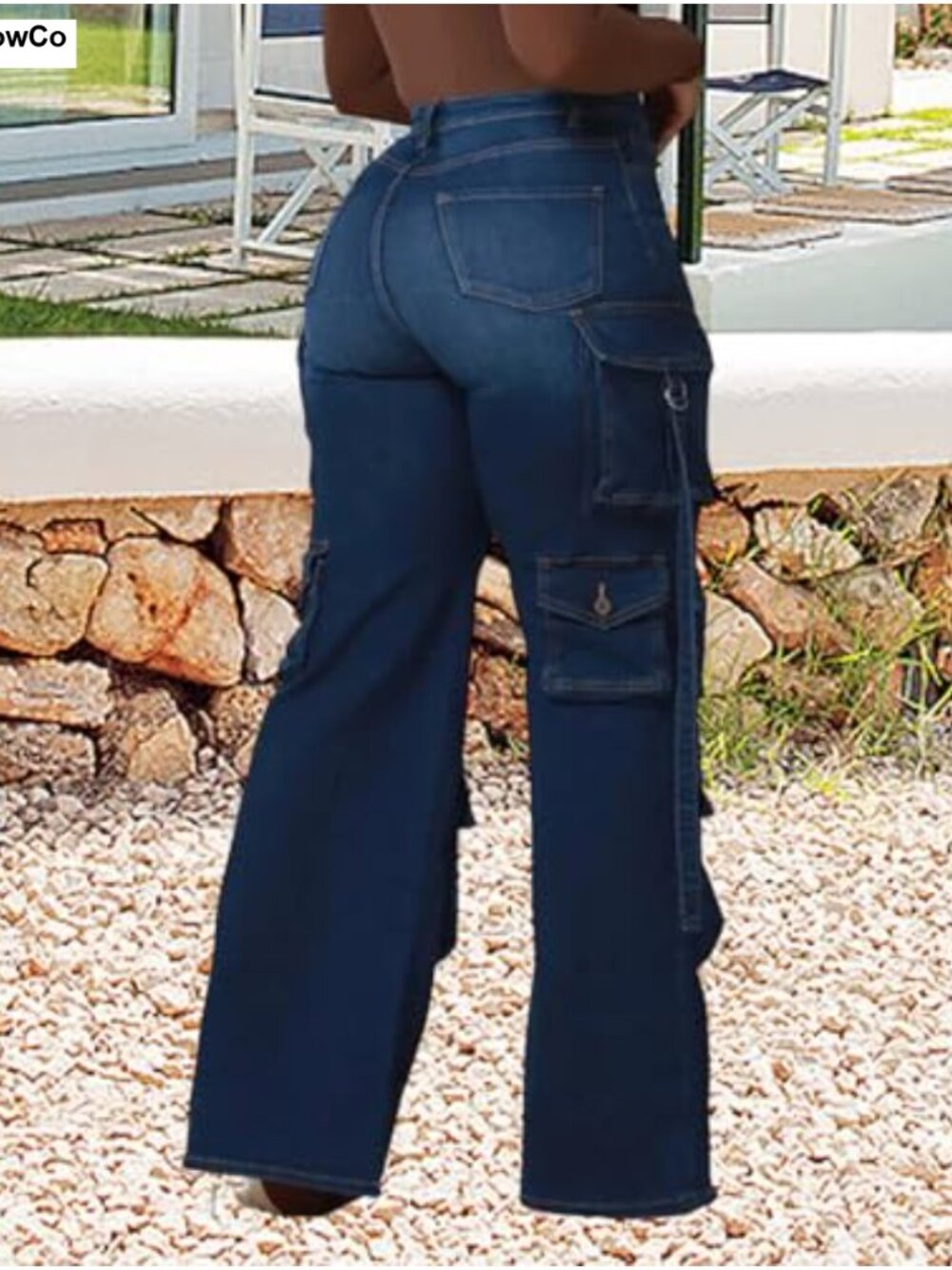 Wide Leg Cargo Jeans High Waisted Stretchy Baggy Denim Pants - Picture 2 of 6